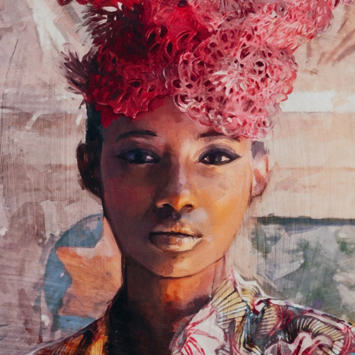 Tablou textil portret etnic roz-portocaliu – artă decorativă vibrantă [2]