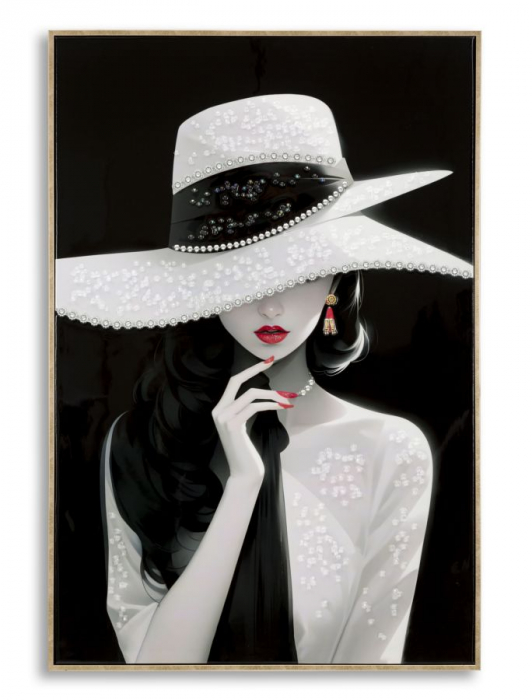 Tablou portret alb-negru pălărie perle 60x92 cm – artă decorativă glam și sofisticată [1]