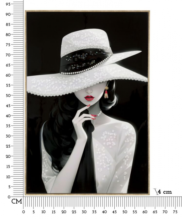 Tablou portret alb-negru pălărie perle 60x92 cm – artă decorativă glam și sofisticată [7]