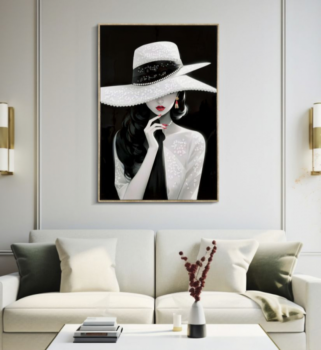 Tablou portret alb-negru pălărie perle 60x92 cm – artă decorativă glam și sofisticată [6]