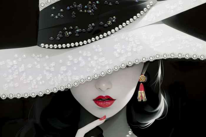 Tablou portret alb-negru pălărie perle 60x92 cm – artă decorativă glam și sofisticată [2]