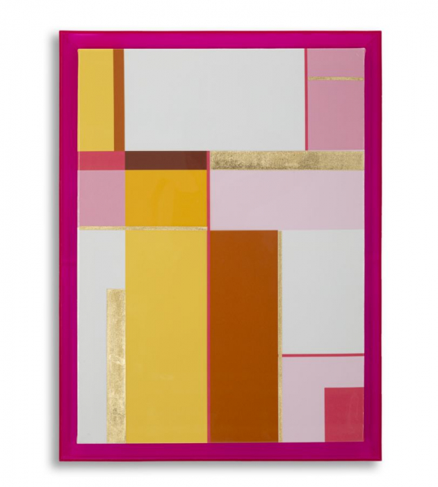 Tablou geometric roz galben 60x80 cm – compoziție abstractă cu accente aurii și ramă fucsia [1]