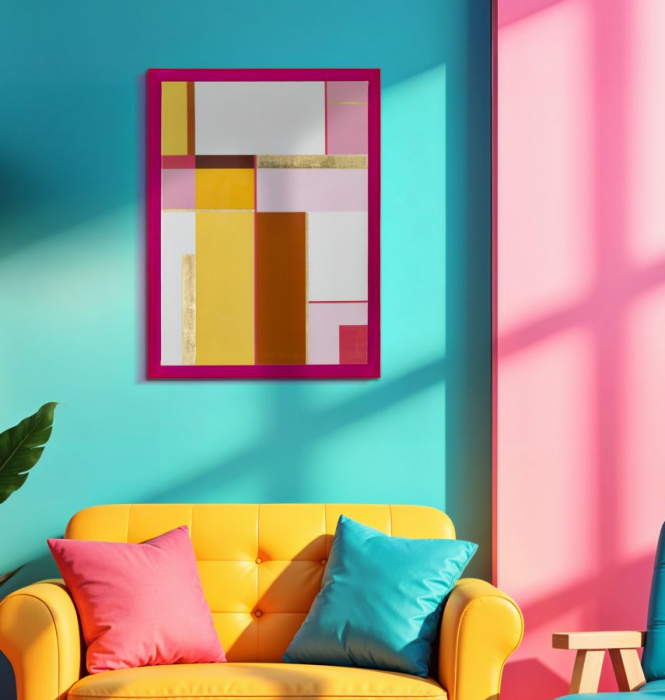 Tablou geometric roz galben 60x80 cm – compoziție abstractă cu accente aurii și ramă fucsia [6]