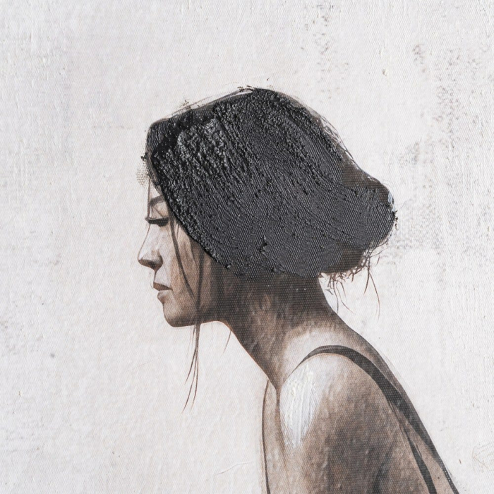Tablou cu silueta feminina asezata, imprimat alb-negru minimalist [3]