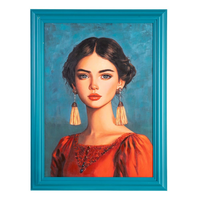 Tablou pe pânză pictat manual femeie albastru – vedere frontală, portret, ramă turcoaz, tușe manuale. [1]