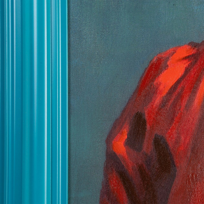 Tablou pe pânză pictat manual femeie albastru – vedere frontală, portret, ramă turcoaz, tușe manuale. [3]
