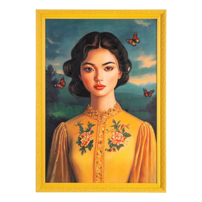 Tablou pe pânză femeie galben cu ramă și suport MDF – vedere frontală, portret, detalii pictate manual, ramă decorativă. [1]