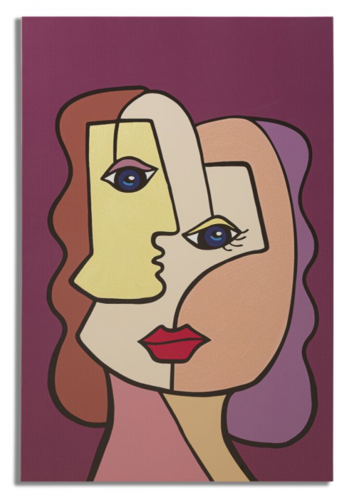 Tablou Pictat Portret Feminin Stilizat cu Fundal Burgund CreativDeco - Accent Vizual Elegant [1]
