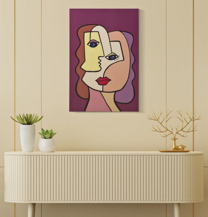 Tablou Pictat Portret Feminin Stilizat cu Fundal Burgund CreativDeco - Accent Vizual Elegant [5]