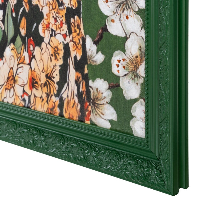 Tablou pe pânză pictat manual femeie verde – vedere frontală, fundal floral, portret, ramă verde. [5]