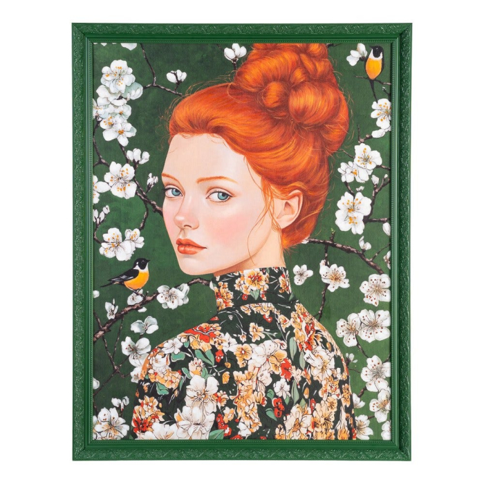 Tablou pe pânză pictat manual femeie verde – vedere frontală, fundal floral, portret, ramă verde. [1]