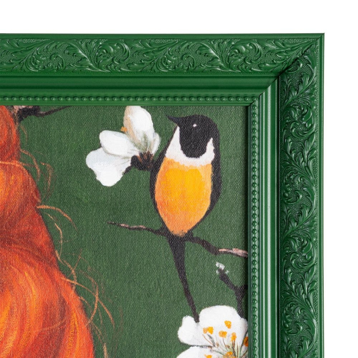 Tablou pe pânză pictat manual femeie verde – vedere frontală, fundal floral, portret, ramă verde. [4]