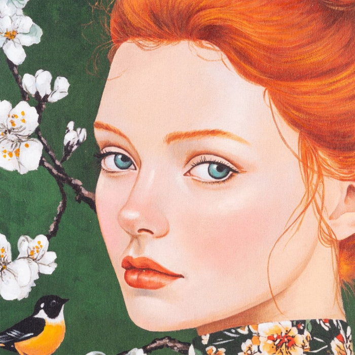 Tablou pe pânză pictat manual femeie verde – vedere frontală, fundal floral, portret, ramă verde. [2]
