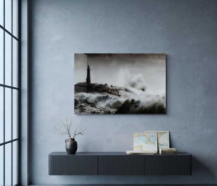 Tablou marin alb-negru pe sticlă – far și valuri în furtună, 120x70 cm [2]