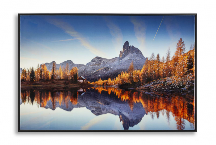 Tablou peisaj montan cu lac 90x60 cm – apus panoramic imprimat pe pânză [1]