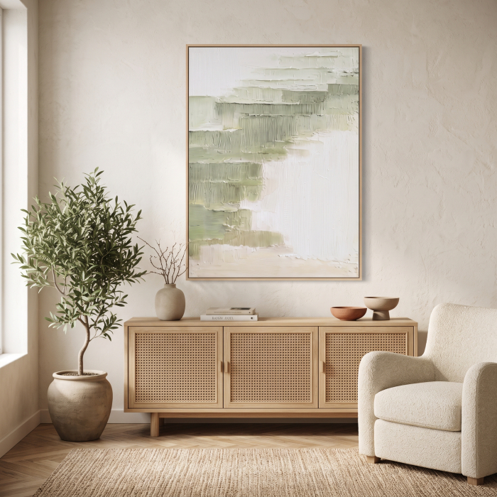 Tablou cu textura in trepte, verde spre alb, pictat manual [2]