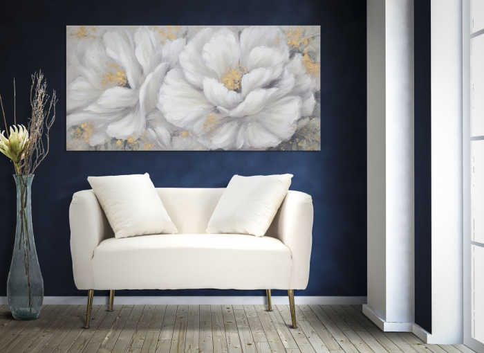 Tablou pictat pe panza flori albe auriu White Gold Flower 140x70 - CreativDeco.ro [5]
