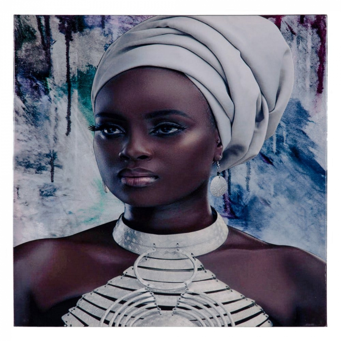 Tablou portret african cu turban gri și fundal abstract – format patrat 60x60 cm [1]