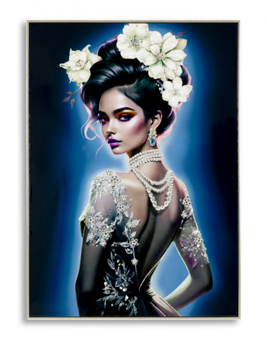 Tablou portret flori și broderie 72x102 cm – artă decorativă cu stil regal feminin [1]