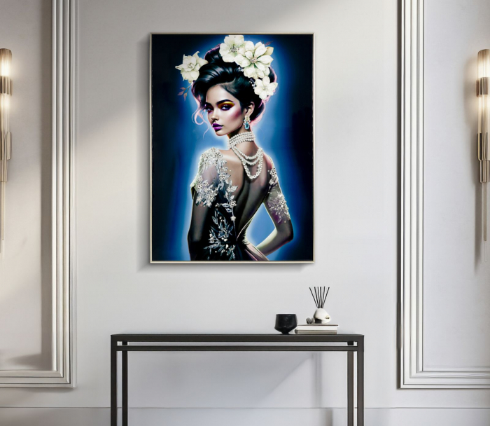 Tablou portret flori și broderie 72x102 cm – artă decorativă cu stil regal feminin [2]