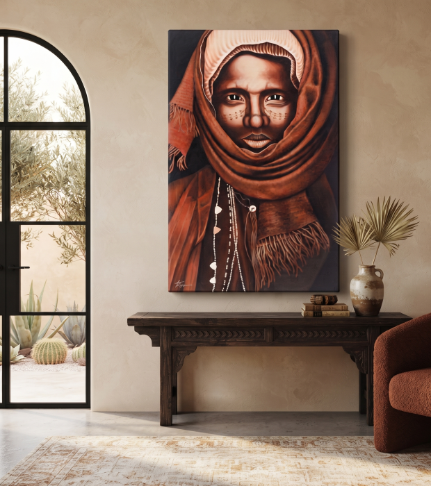 Tablou tribal portret masculin maro-ocru – acrilic pe canvas 100x150 cm [2]