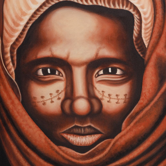 Tablou tribal portret masculin maro-ocru – acrilic pe canvas 100x150 cm [2]