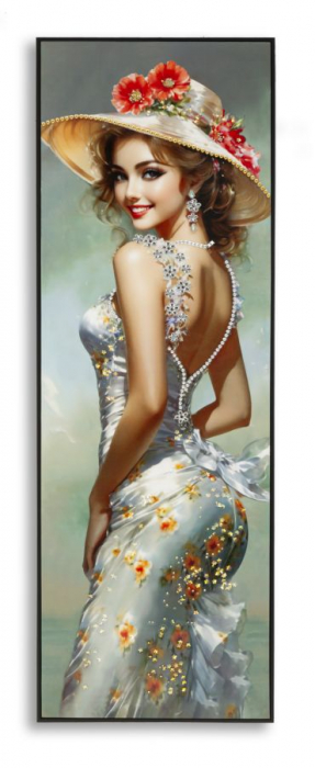 Tablou portret floral pălărie vară 52x152 cm – eleganță feminină pe pânză verticală [1]