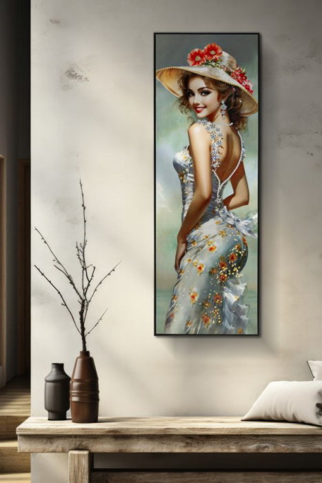 Tablou portret floral pălărie vară 52x152 cm – eleganță feminină pe pânză verticală [2]