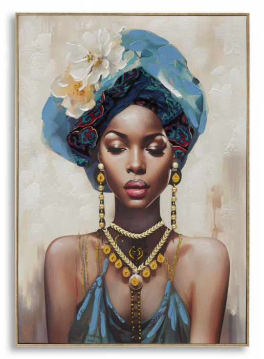 Tablou portret feminin turban albastru 72x102 cm – artă decorativă cu simbolism regal [1]