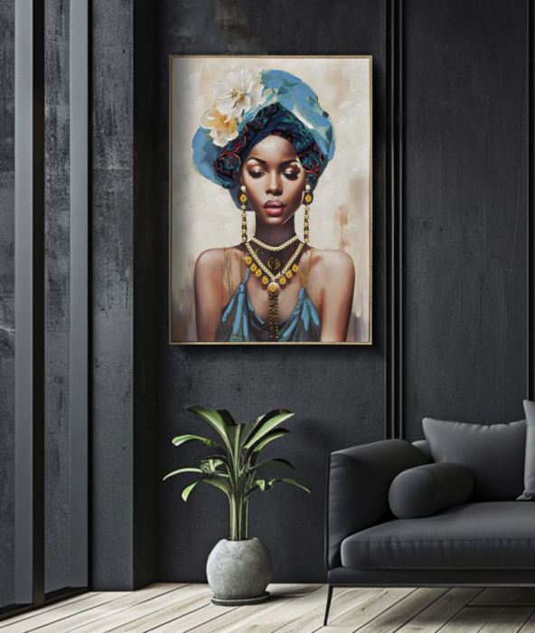 Tablou portret feminin turban albastru 72x102 cm – artă decorativă cu simbolism regal [2]