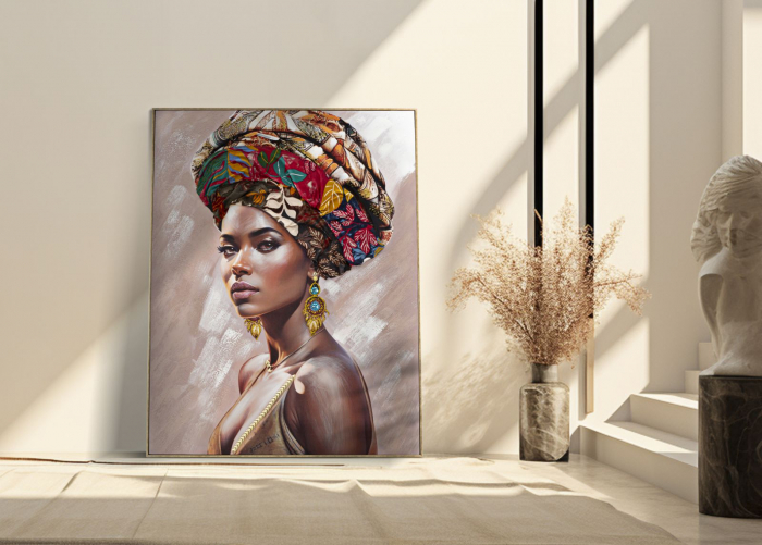 Tablou portret feminin turban multicolor cercei turcoaz 92x122 - CreativDeco.ro [2]