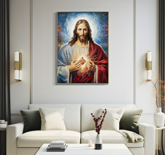 Tablou religios Iisus Inima Sacră 72x102 cm – simbol decorativ spiritual cu detalii clasice [6]