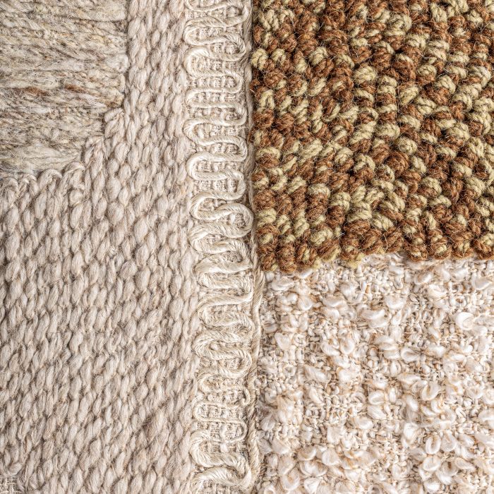 Colaj textil bej, sfert de cerc teracotă, cerc mic măsliniu, bucle crem, ramă de lemn [2]
