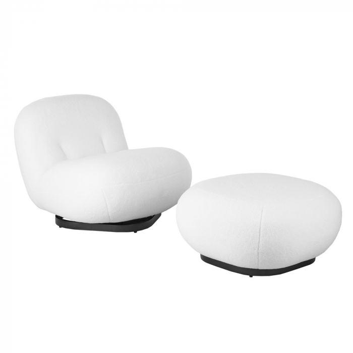 Taburet Bo rotund textil alb 70x70x37 cm cu bază metalică neagră, design contemporan. [2]