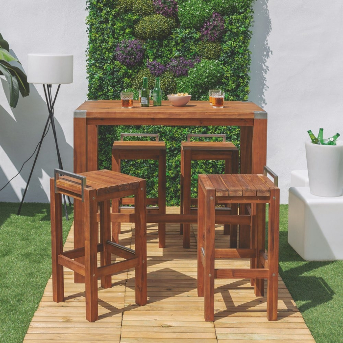 Taburet Norah din lemn de acacia – cu detalii din inox pentru exterior [4]
