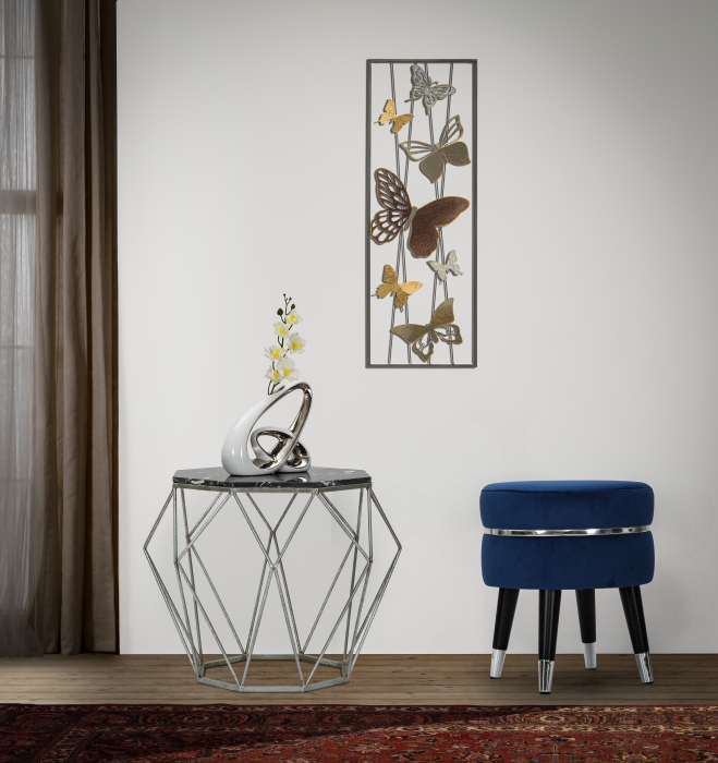 Taburet Paris, stofa/lemn/metal, albastru/negru/argintiu [2]