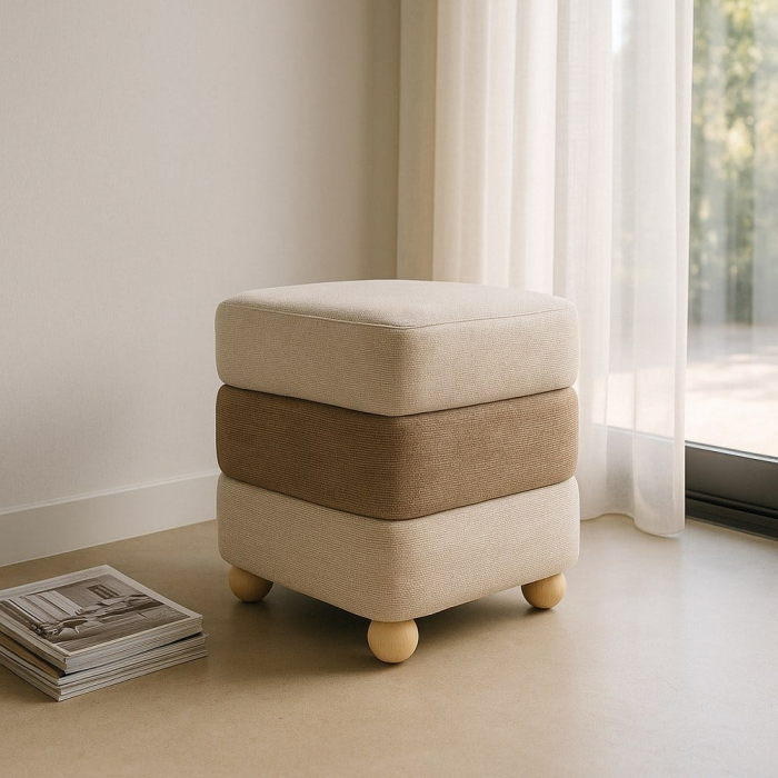 Taburet pătrat bej-maro cu picioare din lemn – design jucăuș [1]