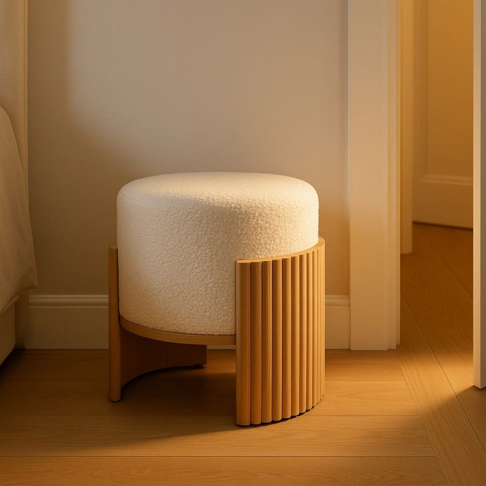 Taburet rotund alb cu bază MDF natur – design japandi [1]