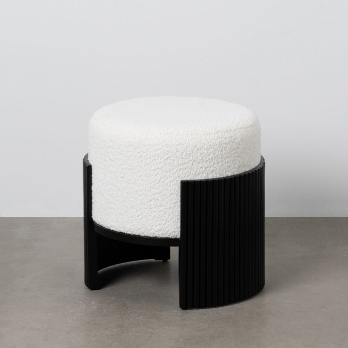 Taburet rotund alb chenille – bază MDF neagră sculpturală [9]