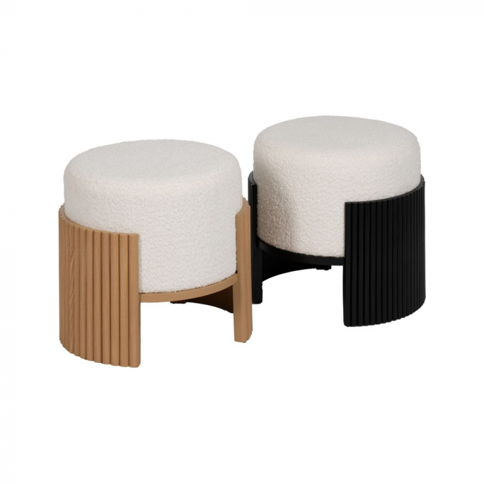Taburet rotund alb chenille – bază MDF neagră sculpturală [2]