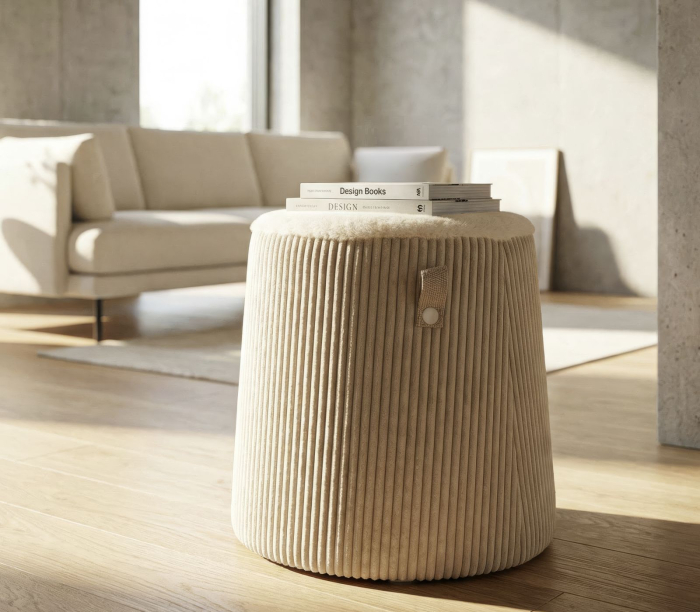 Taburet rotund conic tapițat alb cu textură plisată design modern [2]