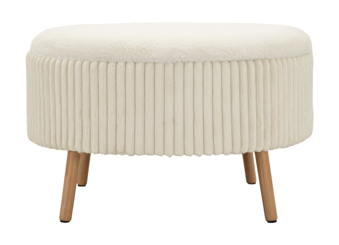 Taburet rotund mare tapițat alb cu textură plisată și picioare din lemn [2]