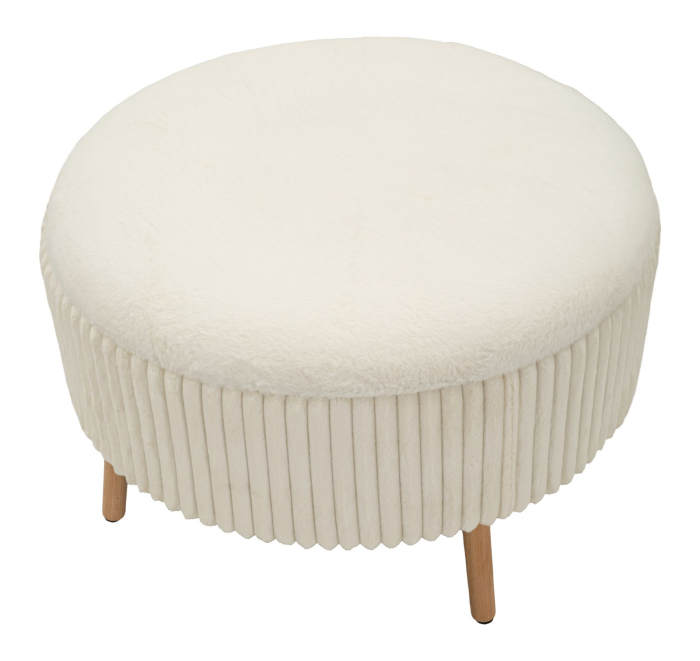 Taburet rotund mare tapițat alb cu textură plisată și picioare din lemn [3]
