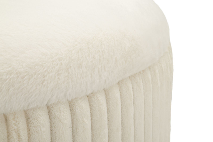 Taburet rotund mare tapițat alb cu textură plisată și picioare din lemn [4]