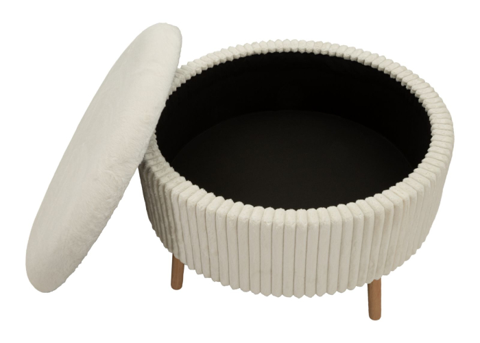 Taburet rotund mare tapițat alb cu textură plisată și picioare din lemn [6]
