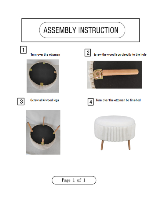 Taburet rotund mare tapițat alb cu textură plisată și picioare din lemn [11]