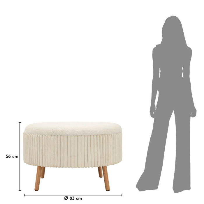 Taburet rotund mare tapițat alb cu textură plisată și picioare din lemn [10]