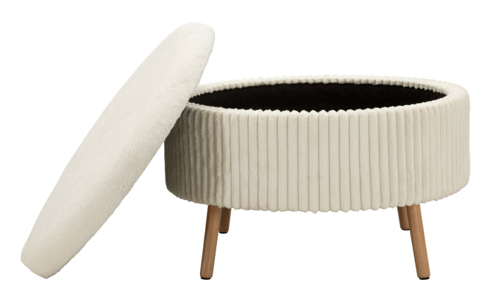 Taburet rotund mare tapițat alb cu textură plisată și picioare din lemn [5]