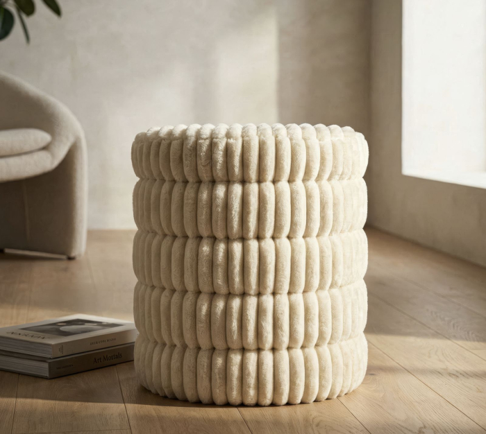 Taburet rotund tapițat alb cu design texturat în straturi design modern [5]