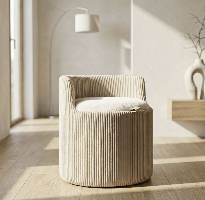 Taburet rotund tapițat alb cu spătar mic și spațiu de depozitare design modern [11]